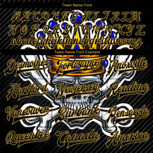 Load image into Gallery viewer, Custom Black Old Gold Skull With Gold Crown And Crossing Bones 3D Bomber Full-Snap Varsity Letterman Jacket