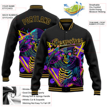 Load image into Gallery viewer, Custom Black Old Gold Psychedelic Skeleton Metal Apparel Dark Art 3D Bomber Full-Snap Varsity Letterman Jacket