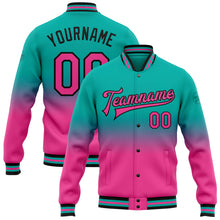 Load image into Gallery viewer, Custom Aqua Pink-Black Bomber Full-Snap Varsity Letterman Fade Fashion Jacket