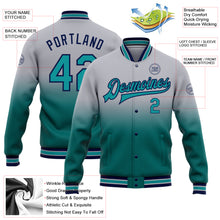 Load image into Gallery viewer, Custom Gray Teal-Navy Bomber Full-Snap Varsity Letterman Fade Fashion Jacket