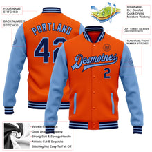 Load image into Gallery viewer, Custom Orange Navy-Light Blue Bomber Full-Snap Varsity Letterman Two Tone Jacket