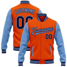 Load image into Gallery viewer, Custom Orange Navy-Light Blue Bomber Full-Snap Varsity Letterman Two Tone Jacket
