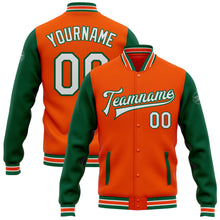 Load image into Gallery viewer, Custom Orange White-Kelly Green Bomber Full-Snap Varsity Letterman Two Tone Jacket
