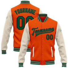 Load image into Gallery viewer, Custom Orange Kelly Green Black-Cream Bomber Full-Snap Varsity Letterman Two Tone Jacket
