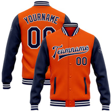 Load image into Gallery viewer, Custom Orange Navy-White Bomber Full-Snap Varsity Letterman Two Tone Jacket
