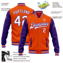 Load image into Gallery viewer, Custom Orange White-Purple Bomber Full-Snap Varsity Letterman Two Tone Jacket