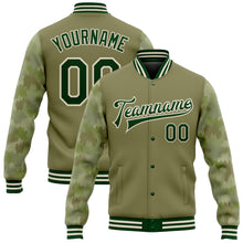 Load image into Gallery viewer, Custom Olive Green-Cream Camo Sleeves 3D Pattern Design Bomber Full-Snap Varsity Letterman Salute To Service Jacket