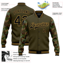 Load image into Gallery viewer, Custom Olive Black-Old Gold Camo Sleeves 3D Pattern Design Bomber Full-Snap Varsity Letterman Salute To Service Jacket