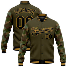Load image into Gallery viewer, Custom Olive Black-Old Gold Camo Sleeves 3D Pattern Design Bomber Full-Snap Varsity Letterman Salute To Service Jacket