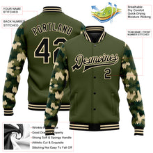 Load image into Gallery viewer, Custom Olive Black-Cream Camo Sleeves 3D Pattern Design Bomber Full-Snap Varsity Letterman Salute To Service Jacket