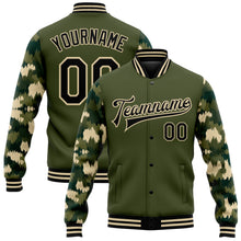 Load image into Gallery viewer, Custom Olive Black-Cream Camo Sleeves 3D Pattern Design Bomber Full-Snap Varsity Letterman Salute To Service Jacket