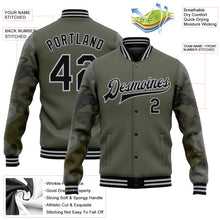 Load image into Gallery viewer, Custom Olive Black-Gray Animal Camo Sleeves 3D Pattern Design Bomber Full-Snap Varsity Letterman Salute To Service Jacket