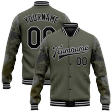 Load image into Gallery viewer, Custom Olive Black-Gray Animal Camo Sleeves 3D Pattern Design Bomber Full-Snap Varsity Letterman Salute To Service Jacket