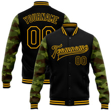 Load image into Gallery viewer, Custom Black Gold Fish Camo Sleeves 3D Pattern Design Bomber Full-Snap Varsity Letterman Jacket
