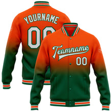 Load image into Gallery viewer, Custom Orange White-Kelly Green Bomber Full-Snap Varsity Letterman Fade Fashion Jacket