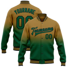 Load image into Gallery viewer, Custom Old Gold Kelly Green-Black Bomber Full-Snap Varsity Letterman Fade Fashion Jacket