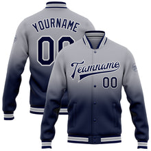 Load image into Gallery viewer, Custom Gray Navy-White Bomber Full-Snap Varsity Letterman Fade Fashion Jacket