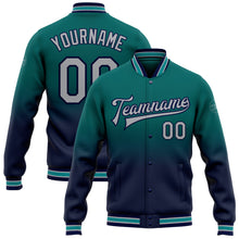 Load image into Gallery viewer, Custom Teal Gray-Navy Bomber Full-Snap Varsity Letterman Fade Fashion Jacket