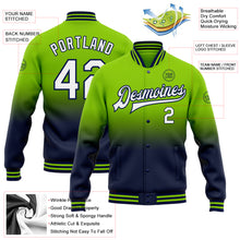 Load image into Gallery viewer, Custom Neon Green White-Navy Bomber Full-Snap Varsity Letterman Fade Fashion Jacket