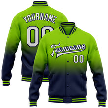 Load image into Gallery viewer, Custom Neon Green White-Navy Bomber Full-Snap Varsity Letterman Fade Fashion Jacket