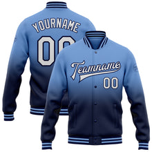 Load image into Gallery viewer, Custom Light Blue White-Navy Bomber Full-Snap Varsity Letterman Fade Fashion Jacket
