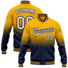 Load image into Gallery viewer, Custom Gold White-Navy Bomber Full-Snap Varsity Letterman Fade Fashion Jacket