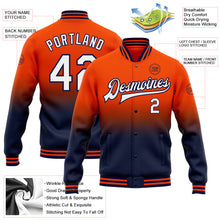 Load image into Gallery viewer, Custom Orange White-Navy Bomber Full-Snap Varsity Letterman Fade Fashion Jacket