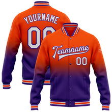 Load image into Gallery viewer, Custom Orange White-Purple Bomber Full-Snap Varsity Letterman Fade Fashion Jacket