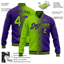 Load image into Gallery viewer, Custom Purple Neon Green-Black Bomber Full-Snap Varsity Letterman Gradient Fashion Jacket