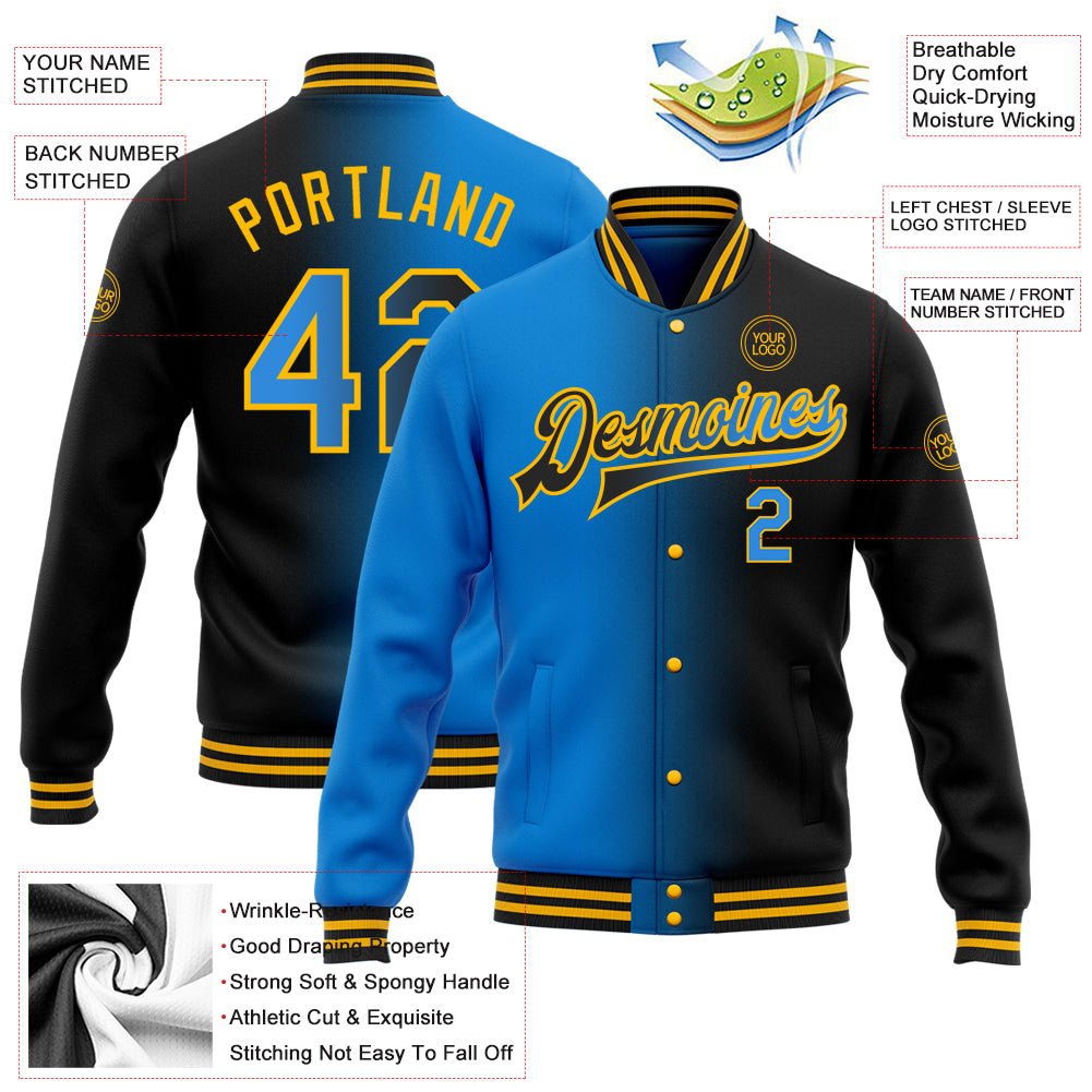 Custom Purple Gold-White Color Block Bomber Varsity Full-Snap Baseball Jacket