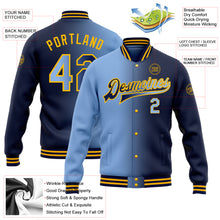 Load image into Gallery viewer, Custom Navy Light Blue-Gold Bomber Full-Snap Varsity Letterman Gradient Fashion Jacket