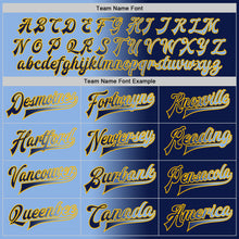 Load image into Gallery viewer, Custom Navy Light Blue-Gold Bomber Full-Snap Varsity Letterman Gradient Fashion Jacket