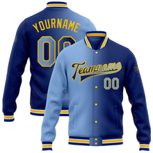 Load image into Gallery viewer, Custom Royal Light Blue-Yellow Bomber Full-Snap Varsity Letterman Gradient Fashion Jacket