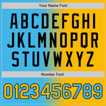 Load image into Gallery viewer, Custom Sky Blue Gold-Black Bomber Full-Snap Varsity Letterman Gradient Fashion Jacket