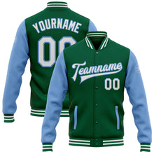 Load image into Gallery viewer, Custom Kelly Green White-Light Blue Bomber Full-Snap Varsity Letterman Two Tone Jacket