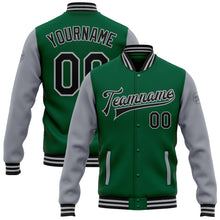 Load image into Gallery viewer, Custom Kelly Green Black-Gray Bomber Full-Snap Varsity Letterman Two Tone Jacket