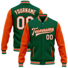 Load image into Gallery viewer, Custom Kelly Green White-Orange Bomber Full-Snap Varsity Letterman Two Tone Jacket