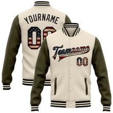 Load image into Gallery viewer, Custom Cream Vintage USA Flag Olive-Black Bomber Full-Snap Varsity Letterman Two Tone Jacket
