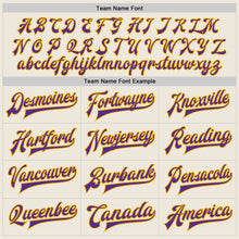 Load image into Gallery viewer, Custom Cream Purple-Gold Bomber Full-Snap Varsity Letterman Two Tone Jacket