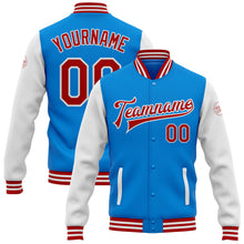 Load image into Gallery viewer, Custom Powder Blue Red-White Bomber Full-Snap Varsity Letterman Two Tone Jacket