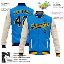 Load image into Gallery viewer, Custom Powder Blue Navy Cream-Gold Bomber Full-Snap Varsity Letterman Two Tone Jacket