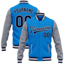Load image into Gallery viewer, Custom Powder Blue Navy-Gray Bomber Full-Snap Varsity Letterman Two Tone Jacket