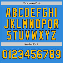 Load image into Gallery viewer, Custom Powder Blue Gold-Navy Bomber Full-Snap Varsity Letterman Two Tone Jacket