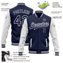 Load image into Gallery viewer, Custom Navy White Bomber Full-Snap Varsity Letterman Two Tone Jacket