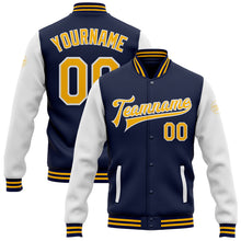 Load image into Gallery viewer, Custom Navy Gold-White Bomber Full-Snap Varsity Letterman Two Tone Jacket