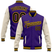 Load image into Gallery viewer, Custom Purple Black Cream-Gold Bomber Full-Snap Varsity Letterman Two Tone Jacket