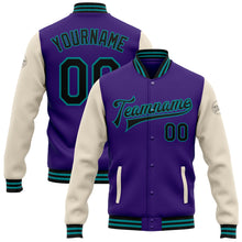 Load image into Gallery viewer, Custom Purple Black Cream-Teal Bomber Full-Snap Varsity Letterman Two Tone Jacket