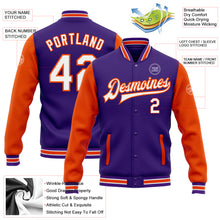 Load image into Gallery viewer, Custom Purple White-Orange Bomber Full-Snap Varsity Letterman Two Tone Jacket