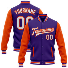 Load image into Gallery viewer, Custom Purple White-Orange Bomber Full-Snap Varsity Letterman Two Tone Jacket