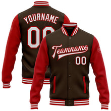 Load image into Gallery viewer, Custom Brown White-Red Bomber Full-Snap Varsity Letterman Two Tone Jacket
